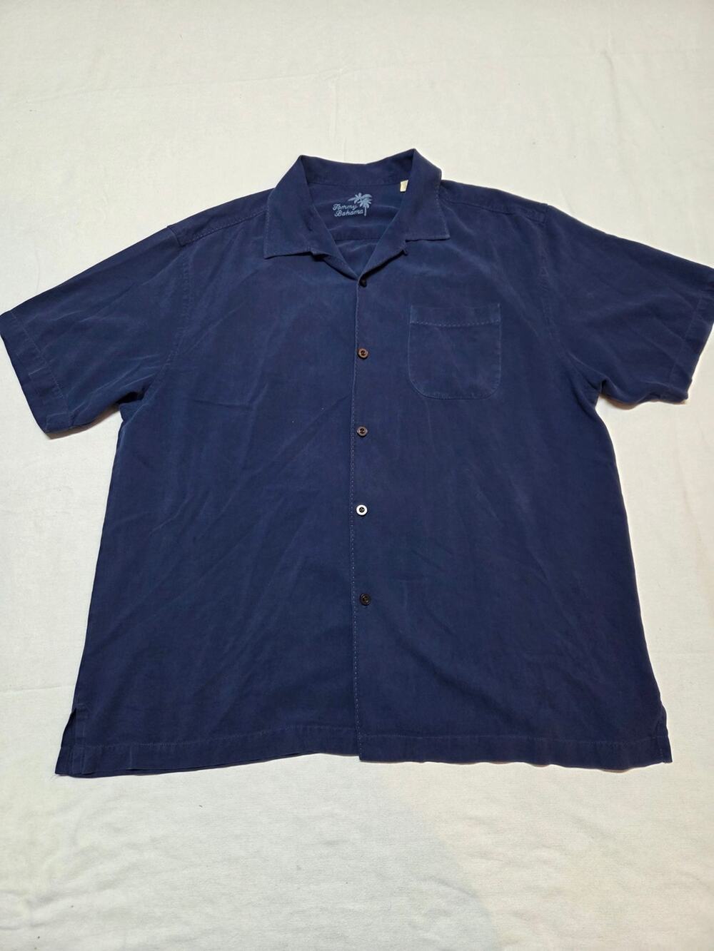 Tommy Bahama Navy Short-Sleeve Camp Collar Button-Up Shirt 100% Silk Size XL
